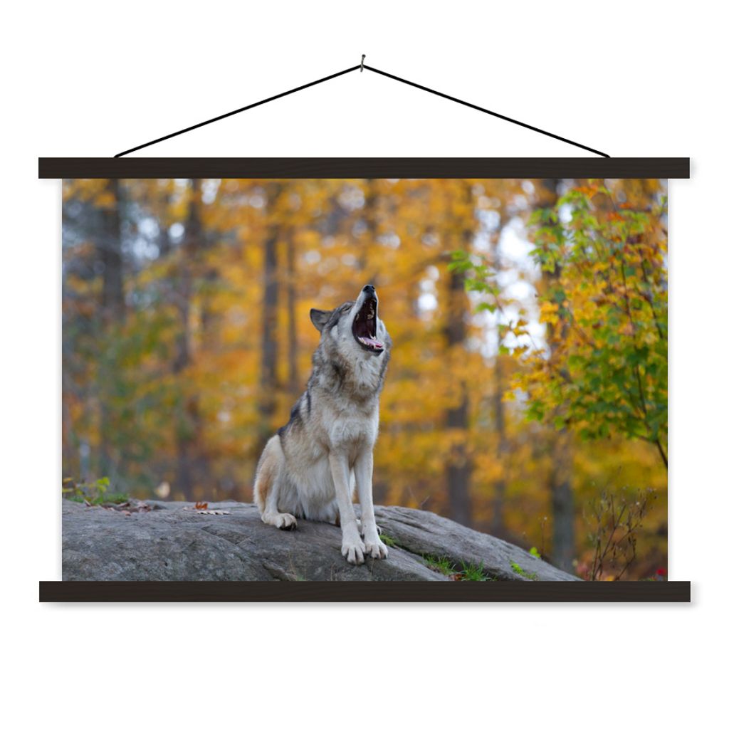 MuchoWow Textilposter Wolf - Stein - Wald - Herbst 150x100 cm mit schwarzem Rahmen - Schlafzimmer