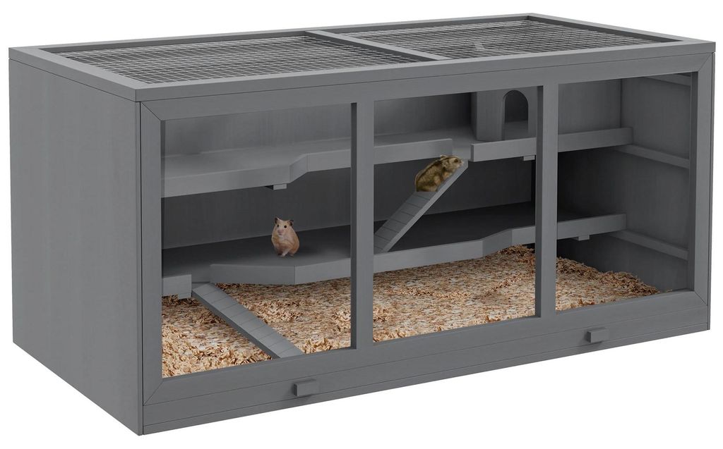 Hamsterkäfig für Zwerghamster - Kleintierkäfig aus Holz - 3 Etagen - Mit Treppen - Für Nager und Mäuse - Grau