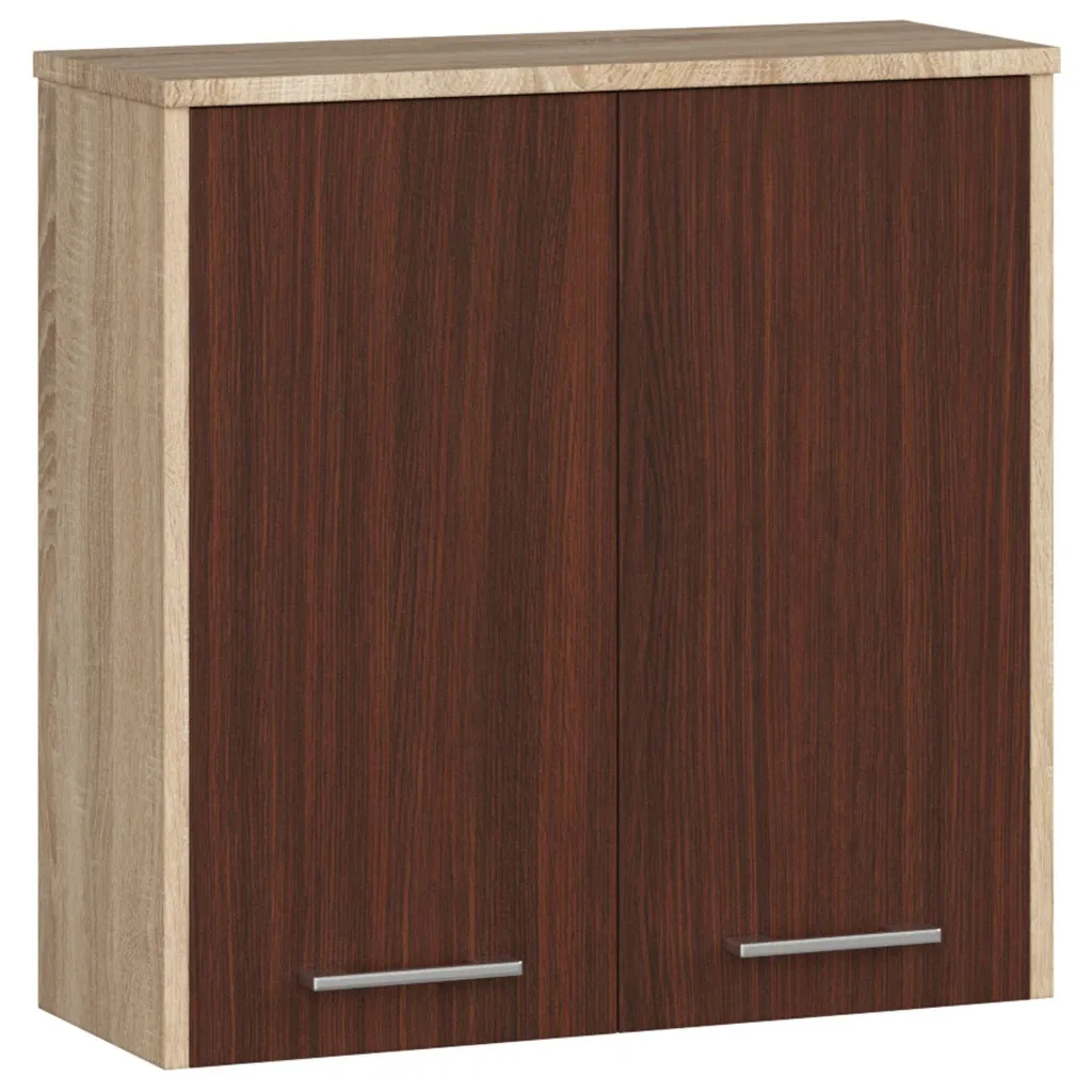 Mobile bagno sospeso: due ante, due ripiani, colore: rovere Sonoma | wengé, dimensioni del mobile: L: 60 cm, A: 60 cm, P: 22,5 cm.