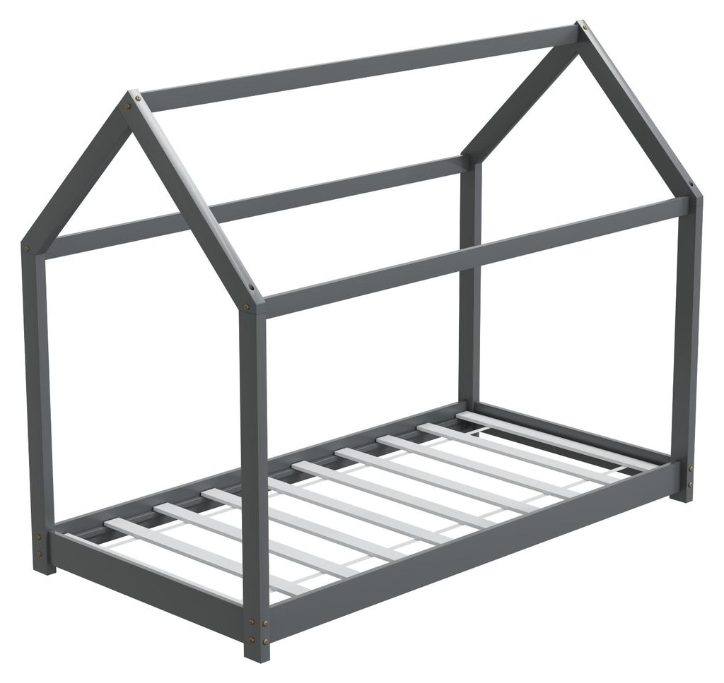 HAGO24 Kinderbett 80x160cm Grau Kinderhaus Bett Kiefernholz Hausoptik Dach Bodentiefer Einstieg Montessori Lattenrost Spielbett