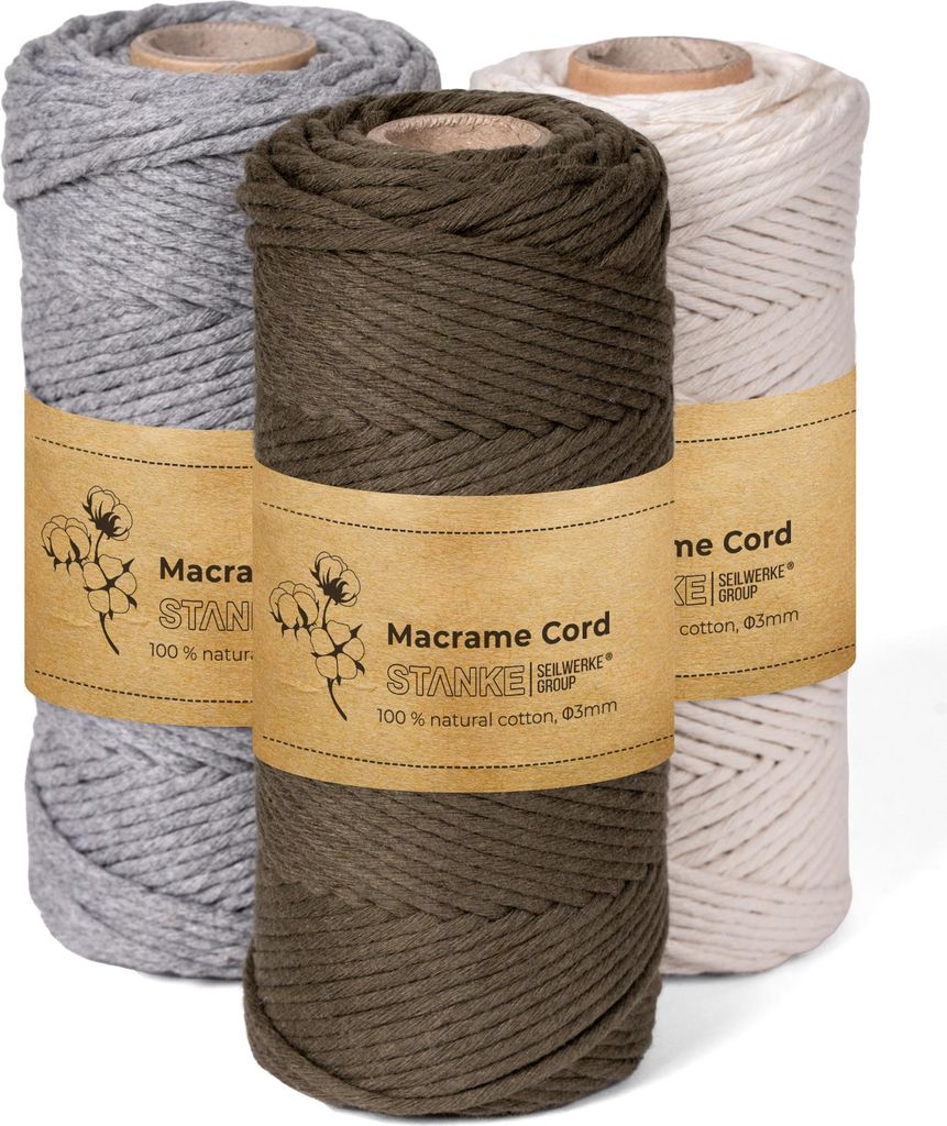 STANKE Makramee Garn 3mm Set 3x100 m - Farben: Natur, Grau, Olivgrün - Baumwollgarn für Boho-DIY, Körbchen, Traumfänger - Baumwollkordel für U...