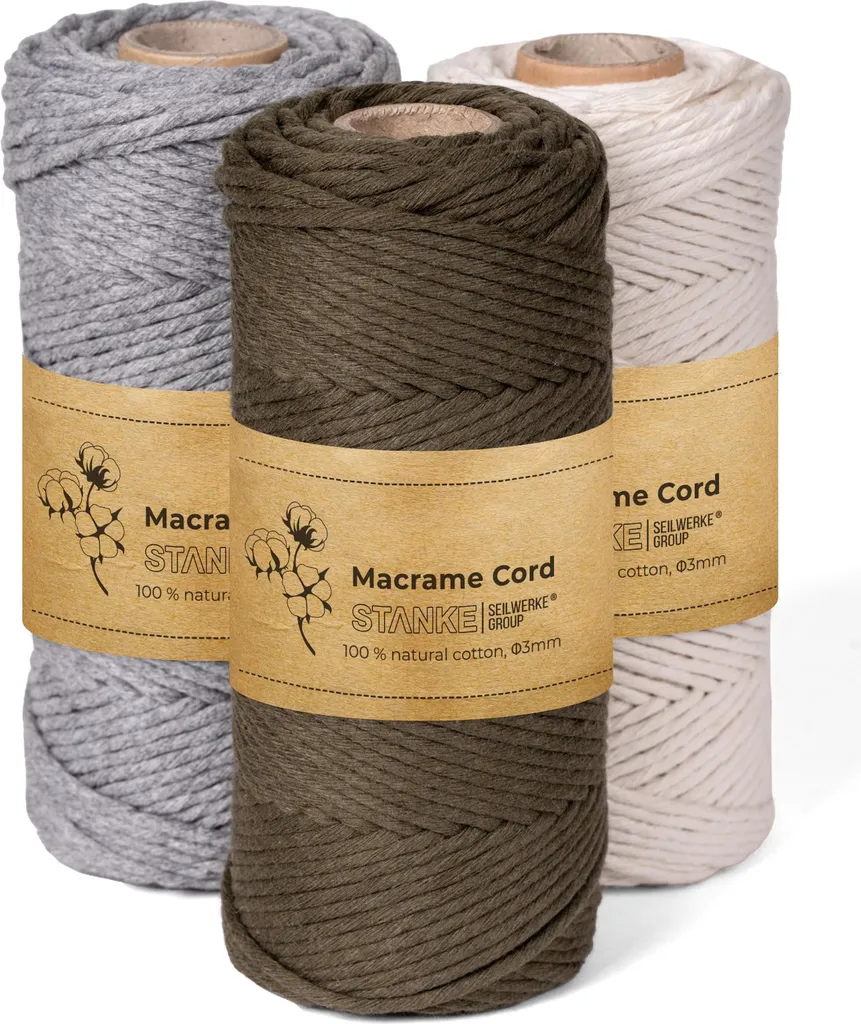 Fil Macramé STANKE 3mm Lot de 3x100m Coton Naturel Gris Vert Olive