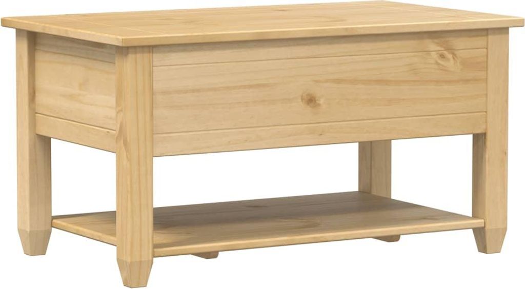 A light brown wooden coffee table with a shelf underneath.