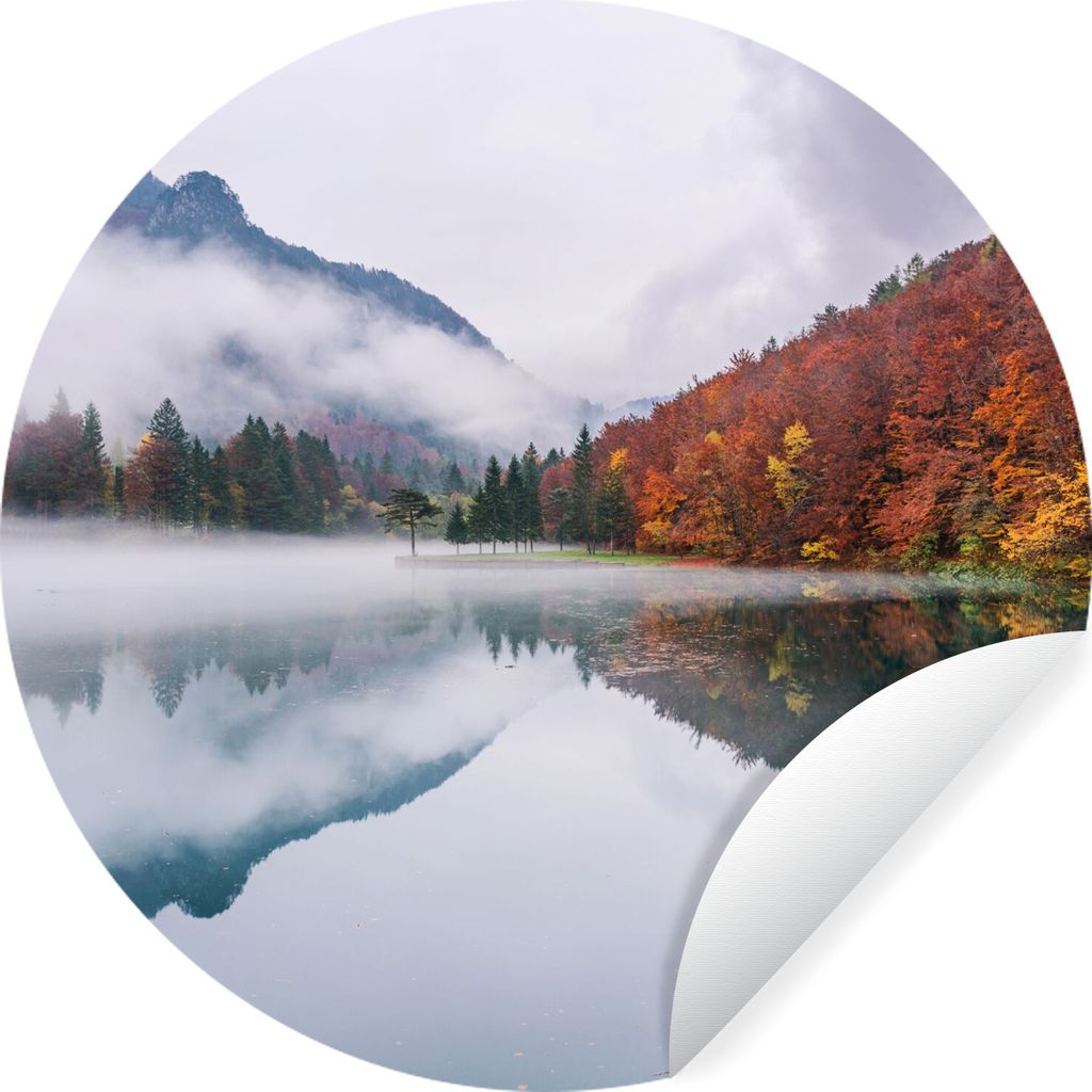MuchoWow Runde Wandtattoo - Wandsticker Tapete Aufkleber Herbst - Nebel - Wasser - Landschaft Ø 100 cm Selbstklebend und Repositionierbar - Wand...