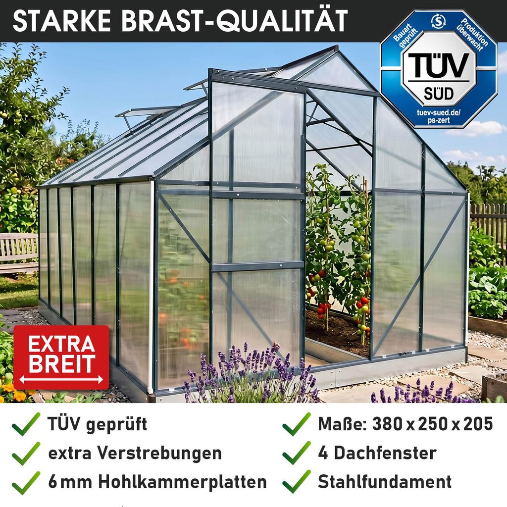 BRAST Gewächshaus Aluminium mit Fundament | 380x250x205cm | Produktbild 