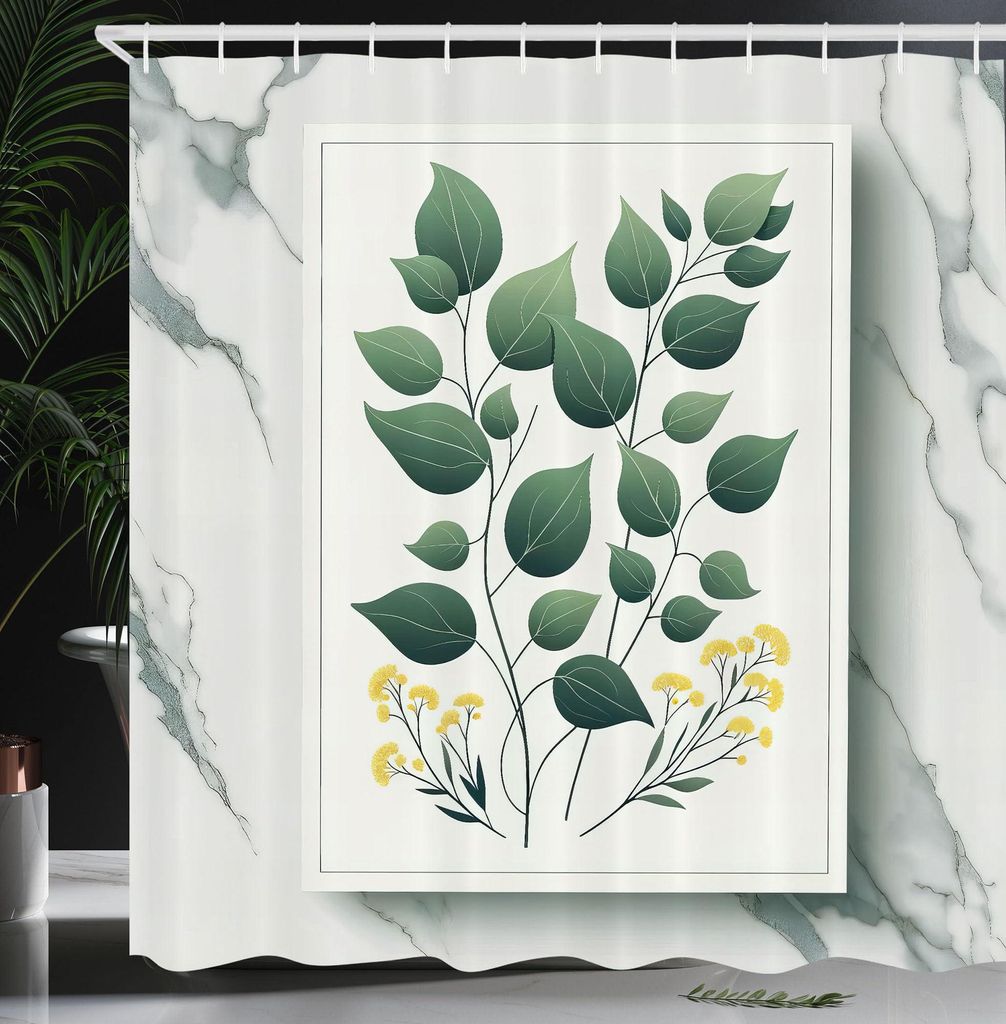 Duschvorhang mit Eukalyptusblättern, modernem und minimalistischem Blumenmuster in quadratischem Rahmen, Stoffvorhang mit Haken, 175 x 200 cm, Res...