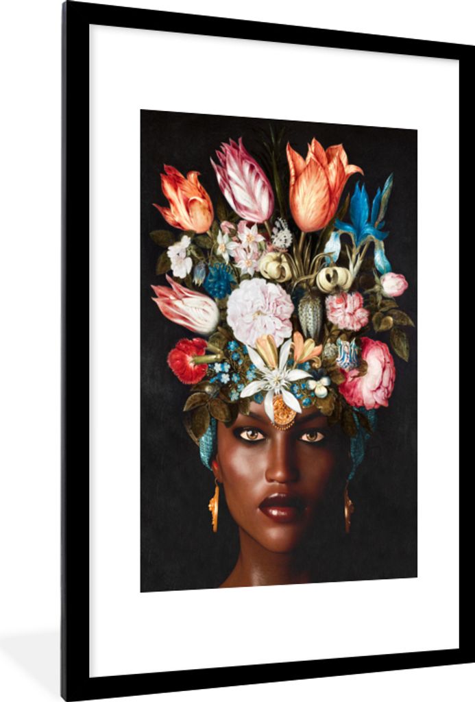 MuchoWow MuchoWow Gerahmtes Poster Frau - Blumen - Bunt 60x90 cm - Poster mit zchwarzem Bilderrahmen - Dekoration - Wandposter Wohnzimmer - Hoc...