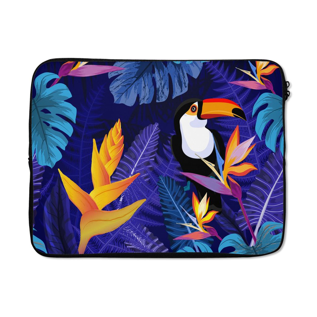 MuchoWow Laptop Hülle 15 Zoll Dschungel - Tukan - Blumen - Pflanzen - Kinder - Lila - Tiere Laptoptasche - Laptoptasche - Sleeve - Rundum-Schutz
