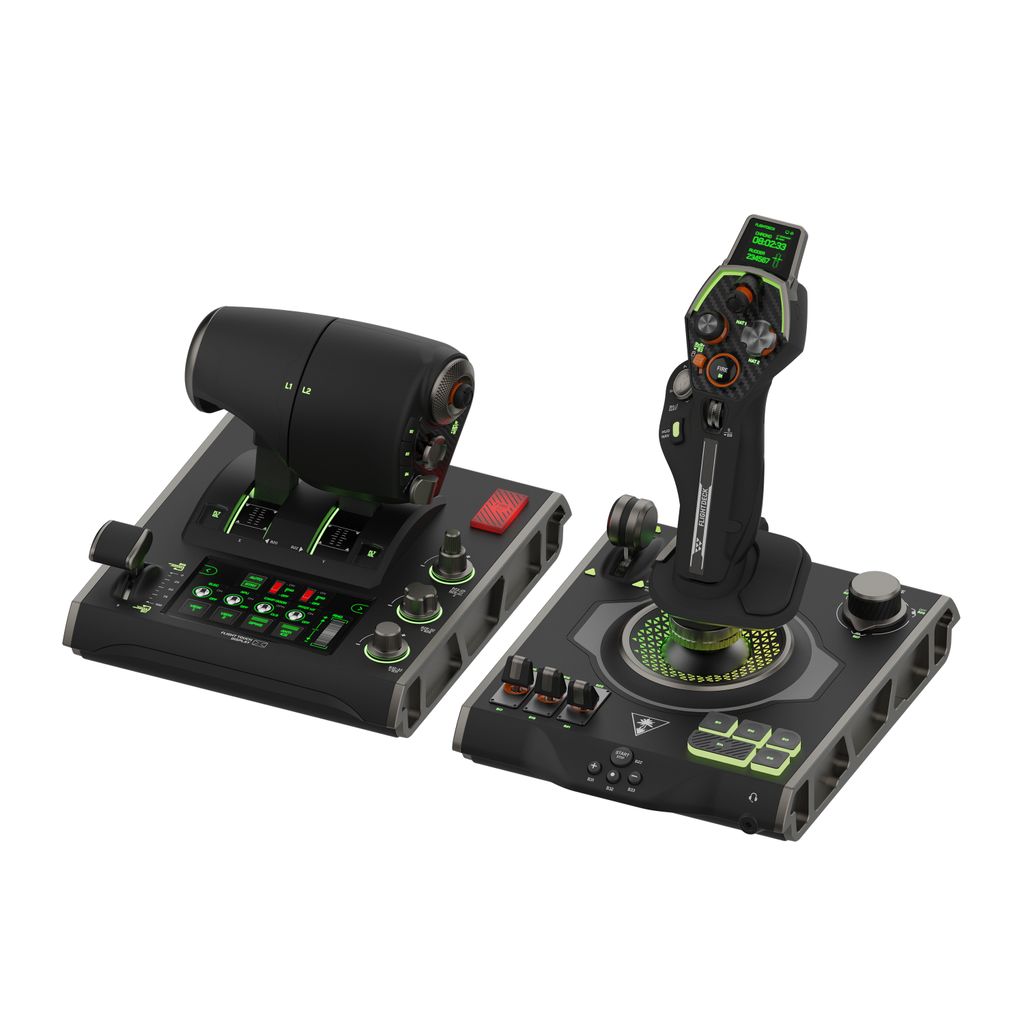 A black and green flight simulator joystick and throttle controller set on a white background.