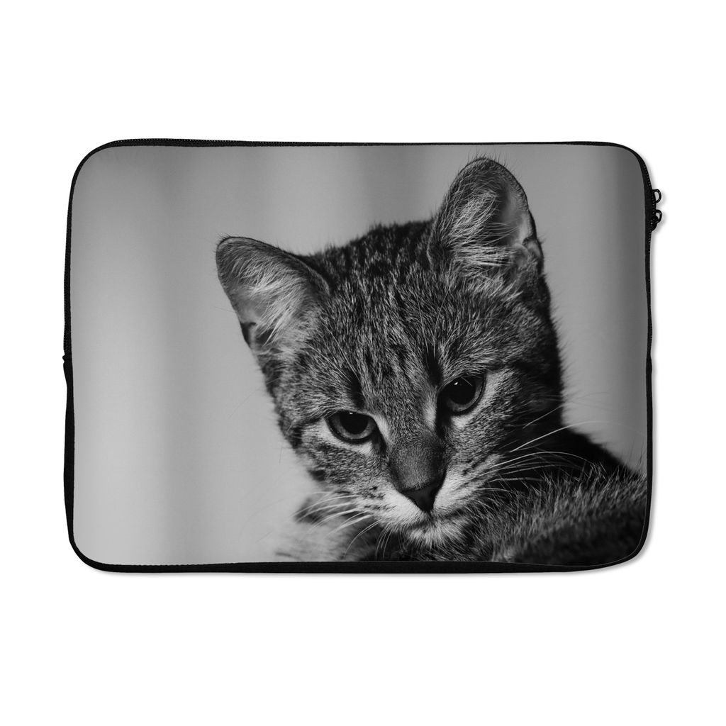 MuchoWow Laptop Hülle 13 Zoll Katze - Porträt - Schwarz - Weiß Laptoptasche - Laptophülle - Sleeve - Rundumschutz