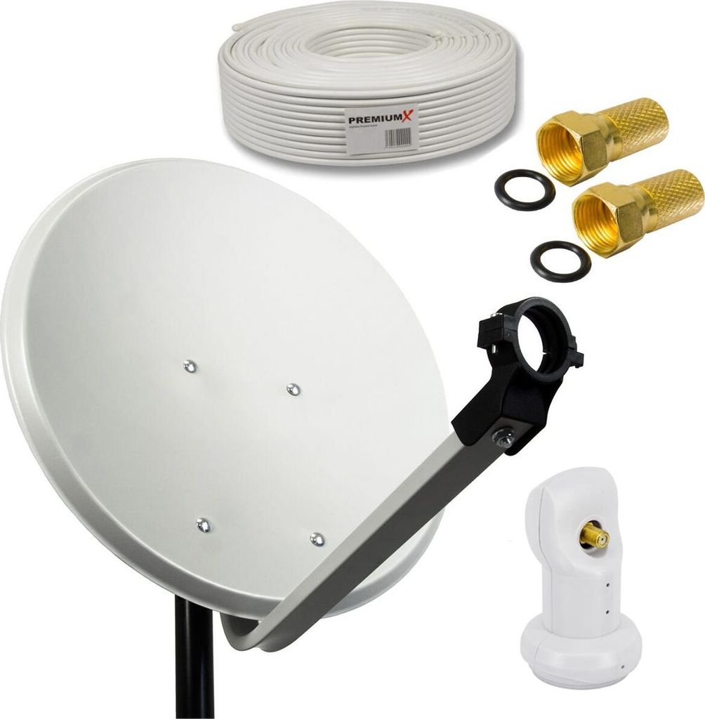 PremiumX Camping Sat Anlage 45cm Hellgrau Single LNB 10m Kabel 2x F-Stecker