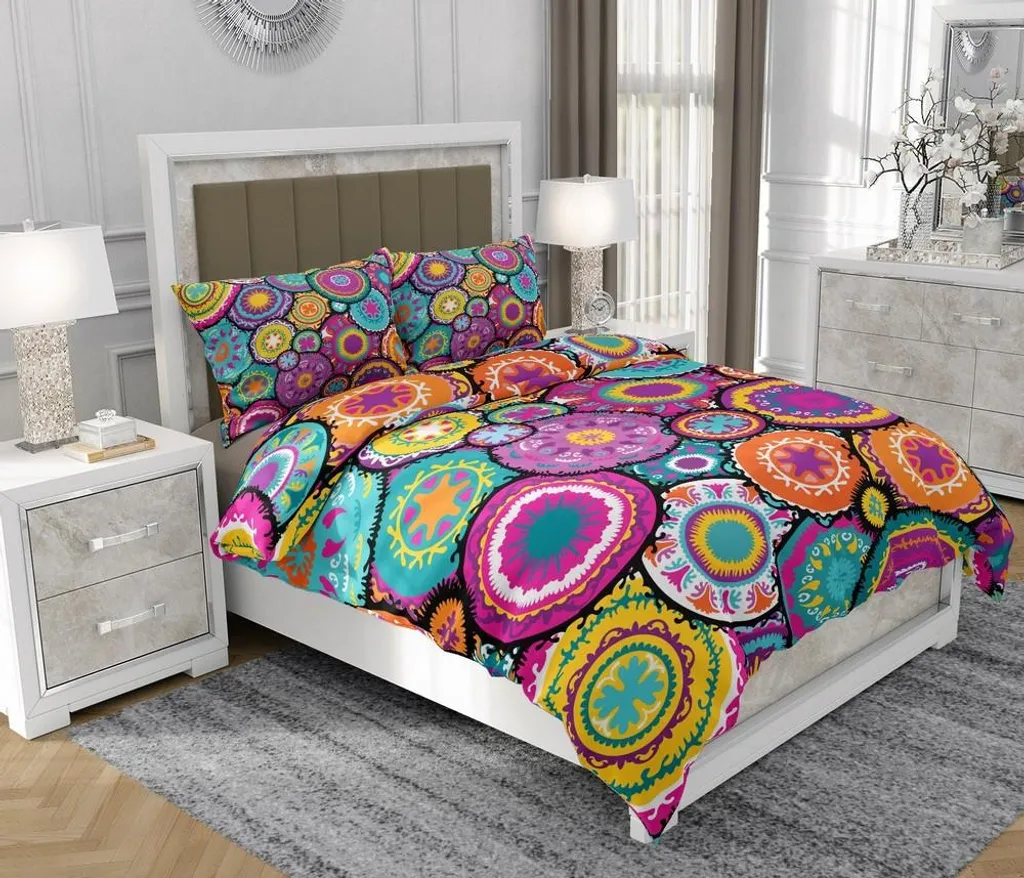 Set Letto 140x200 Cotone Mandala SOVIO - Biancheria 3 Pezzi Multicolore