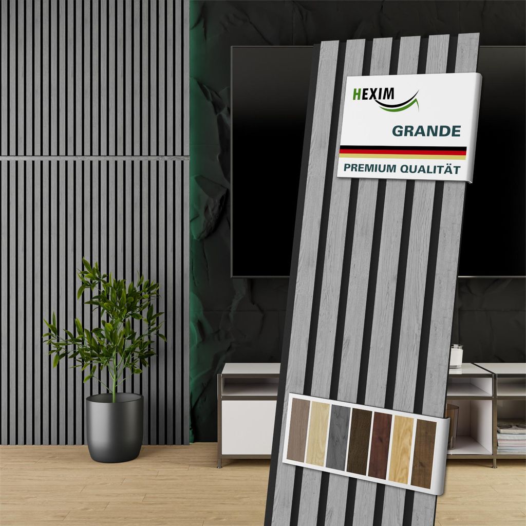 HEXIM Akustikpaneele 8 Stück 140x30cm Holz Grande - Wandpaneele Platten Lamellen Holzpaneele Echtholzfurnier 21mm Filz Schalldämmung MDF Grau (3,...