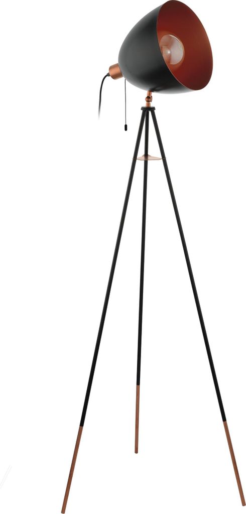 EGLO Dreibein Stehlampe Chester, 1 flammige Vintage Stehleuchte, Standleuchte aus Stahl, Farbe: Schwarz, kupfer, Fassung: E27, inkl. Zugschalter