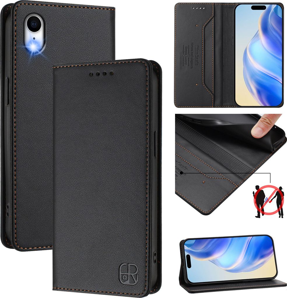Lederhülle für iPhone XR Hülle Flip Brieftasche Kartenfächern Ständer Schutzhülle Schwarz