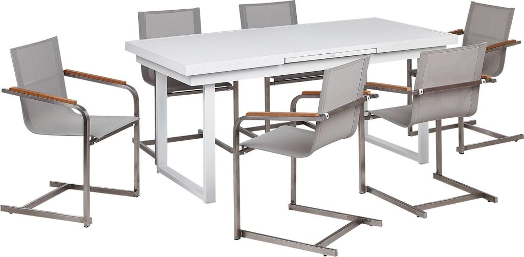 BELIANI Gartenmöbel-Set, weiß/beige Aluminium, Edelstahl, Ausziehbarer Esstisch, 6 Sitzer, Outdoor-Möbel, modern