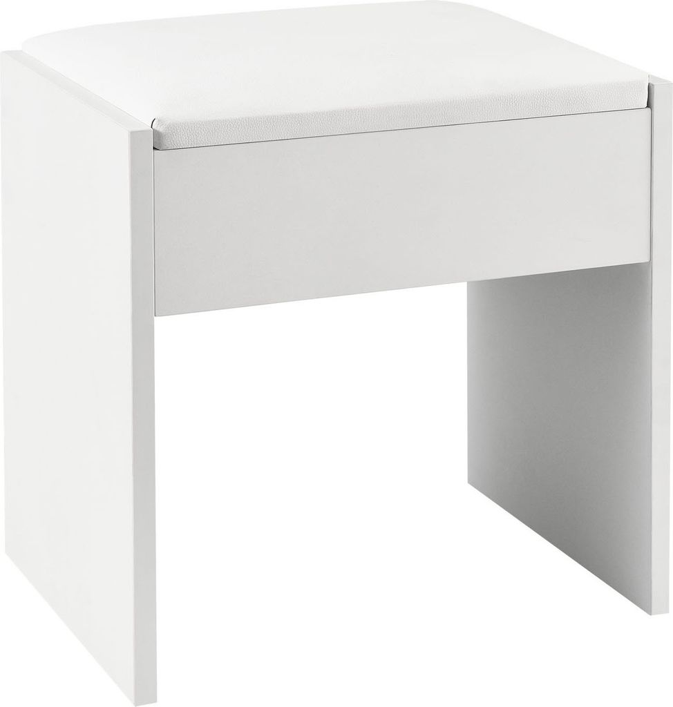 A white upholstered stool shown from the front-left.