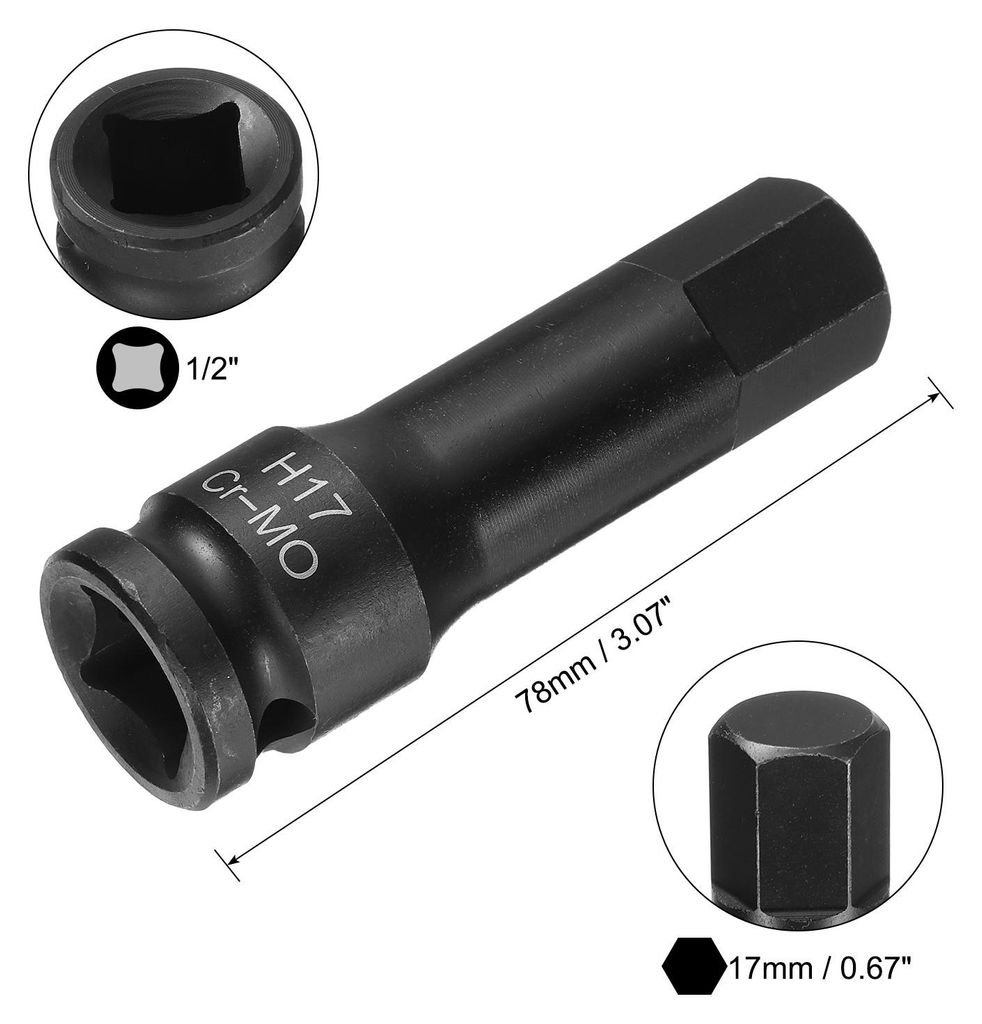 17mm Sechskant-Schlagschrauber-Bit-Steckdose H17 1/2" CR-MO-Stahl Phosphat Verl?ngern Sechskantschraubendreher-Steckdosenadapter fš¹r Auto-Mechan...