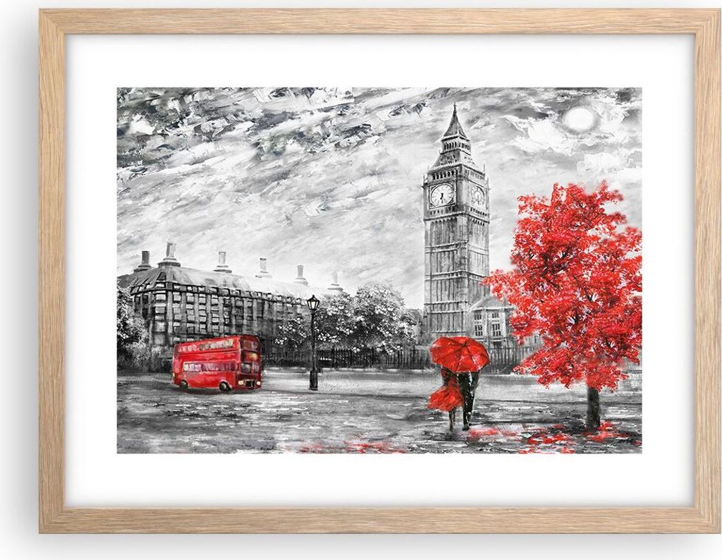 Gerahmtes Poster - Rahmen in heller Eiche - London Bus - 40x30 cm - Wand Bild - Wanddeko - Wandbilder - Kunstposter - Wandposter - Bilderrahmen - B...