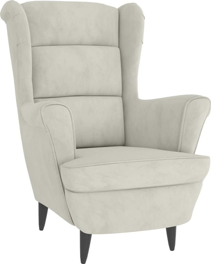 A cream-colored velvet armchair is shown against a white background.