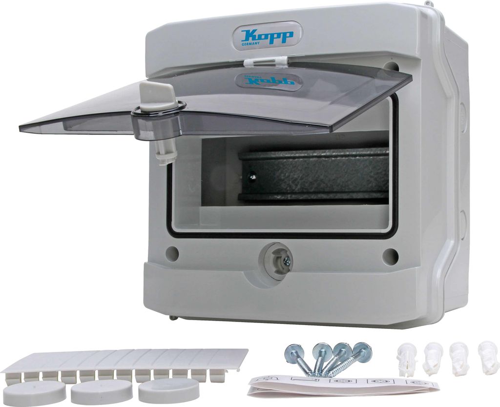 KOPP Aufputz-Feuchtraum-Verteilerkasten N8D, IP65, mit Tür, 1-reihig, 8 Pole