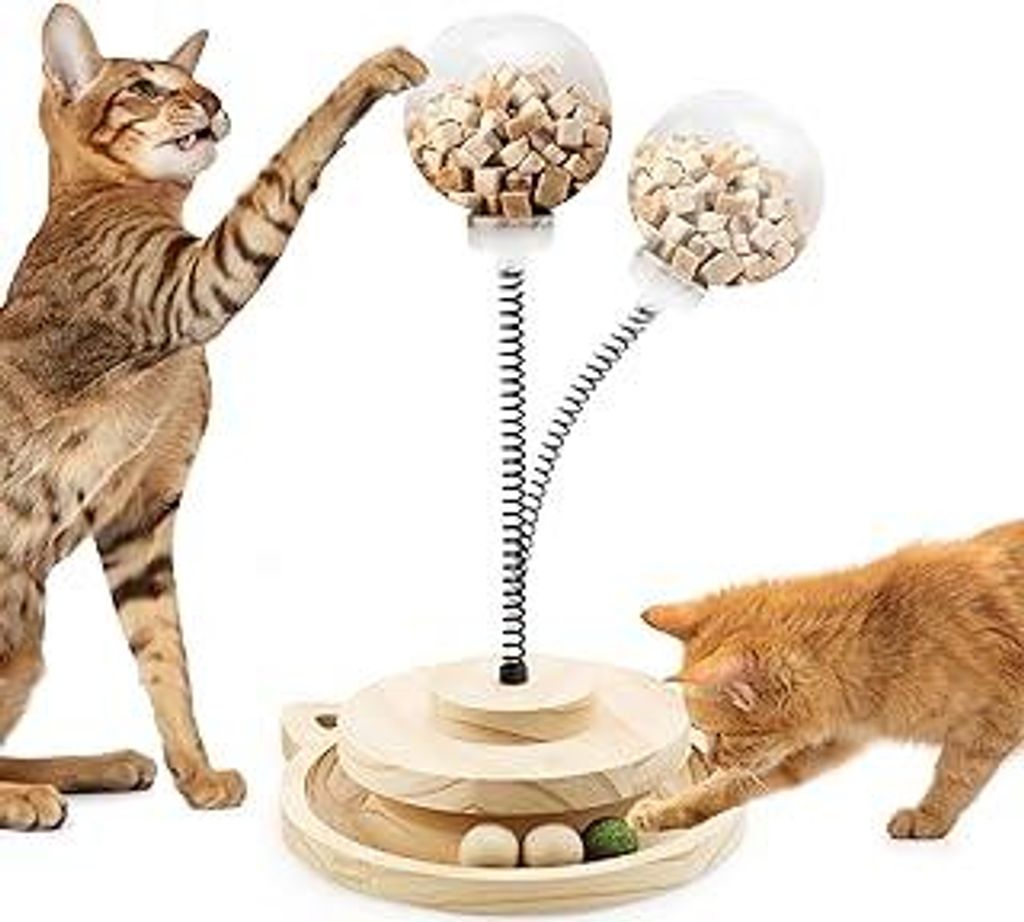 Wackelndes Hundeleckerli Spielzeug Katzenspielzeug Intelligenzspielzeug für Katzen mit Federdrehscheibe und 2 Undichten Futterkugeln Katzenfutterb...
