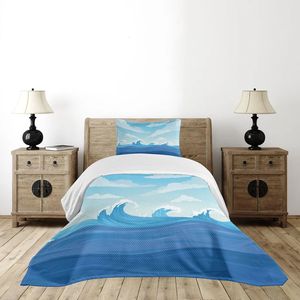 Set copriletto ABAKUHAUS Welle, ispirato a Hokusai, onde blu dell'oceano, cielo, nuvole, toni rilassanti, paesaggio acquatico, 170 x 220 cm, blu cielo scuro, azzurro