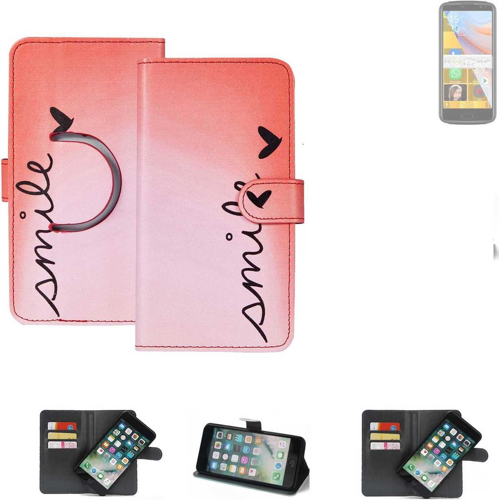 K-S-Trade Schutzhülle Handyhülle kompatibel mit Bea-fon M7 Lite Hülle cover bookstyle Etui “smile“ rot Standfunktion Kameraschutz (1Stk)