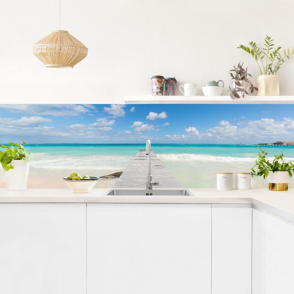 Küchenrückwand Strand selbstklebend - 0.35 mm Wandpaneel wasserfest Steg blau 3D-Effekt Maritim Spritzschutz fugenlos