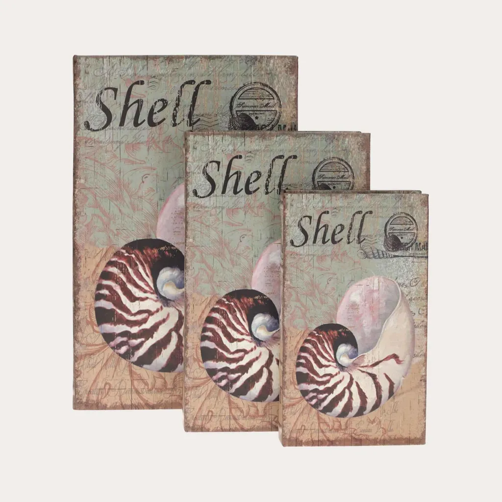 Boîte en forme de livre pour dissimuler le désordre, motif coquillage