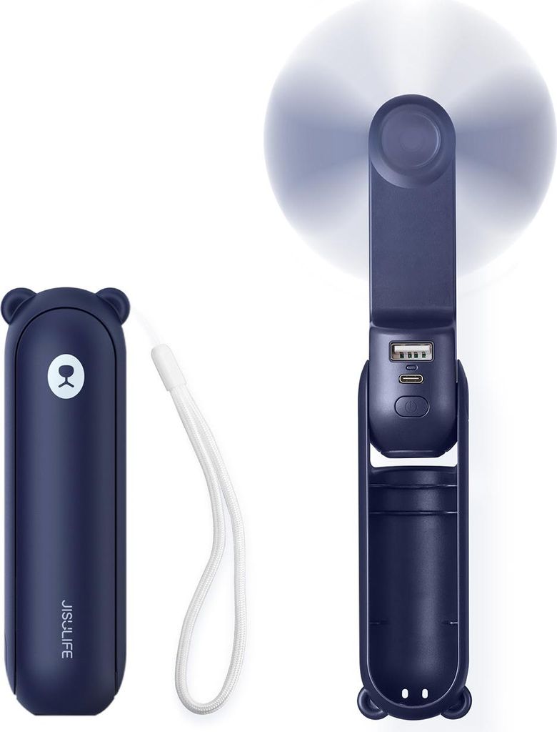 A dark blue portable fan is shown in two states: folded and unfolded. The folded state resembles a bear's face, and the unfolded state shows the fan mechanism and charging ports.