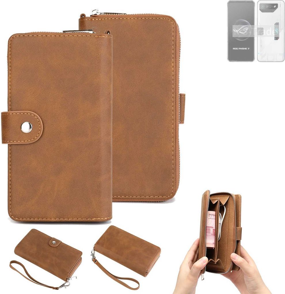 K-S-Trade Handyhülle Schutzhülle kompatibel mit Asus ROG Phone 7 Ultimate & Portemonnee Tasche Handytasche Case Etui Geldbörse Wallet braun (1x)