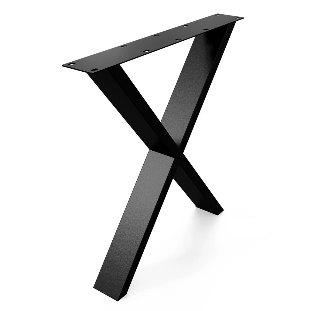 A black metal X-shaped table leg set on a white background.