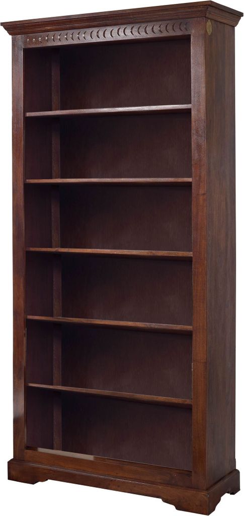 A tall, dark brown wooden bookshelf with six shelves.