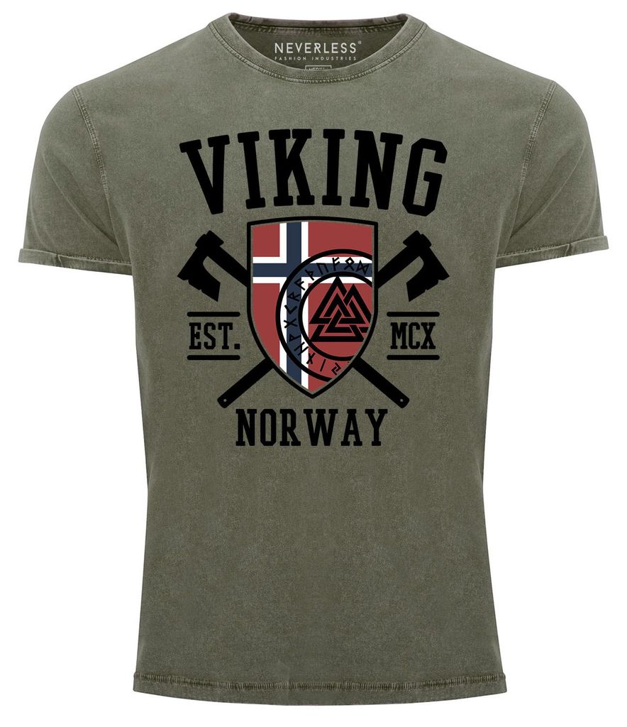 Herren Vintage Shirt Viking Norway Norwegen Flagge Wikinger nordisch Printshirt T-Shirt Aufdruck Used Look Neverless oliv S