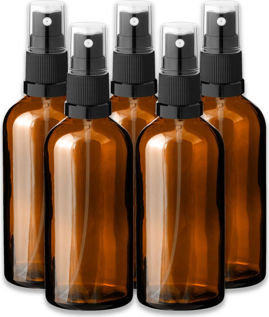 5x Glasflasche braun 100 ml mit schwarzem Zerstäuber Produktbild 