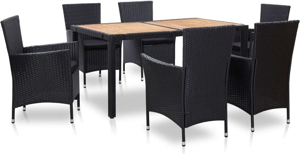 The Living Store 7-tlg. Garten-Essgruppe mit Auflagen Poly Rattan Schwarz