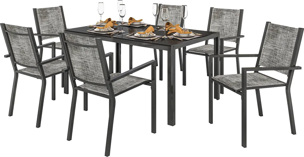 Mobilier de jardin 6 places pour repas en terrasse, ensemble table acier
