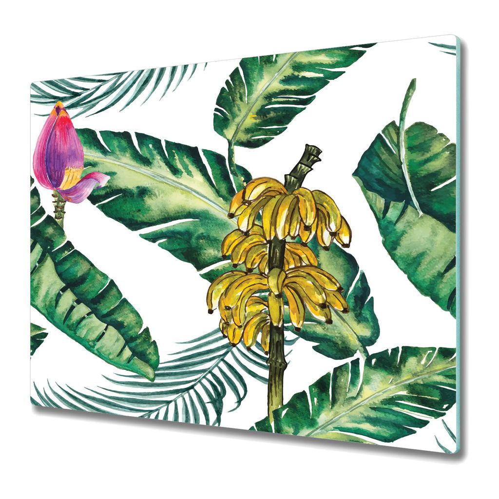 Küchenschneidebrett - Glasschneidebrett - Herdabdeckung - 60x52 - Bananen und Blätter