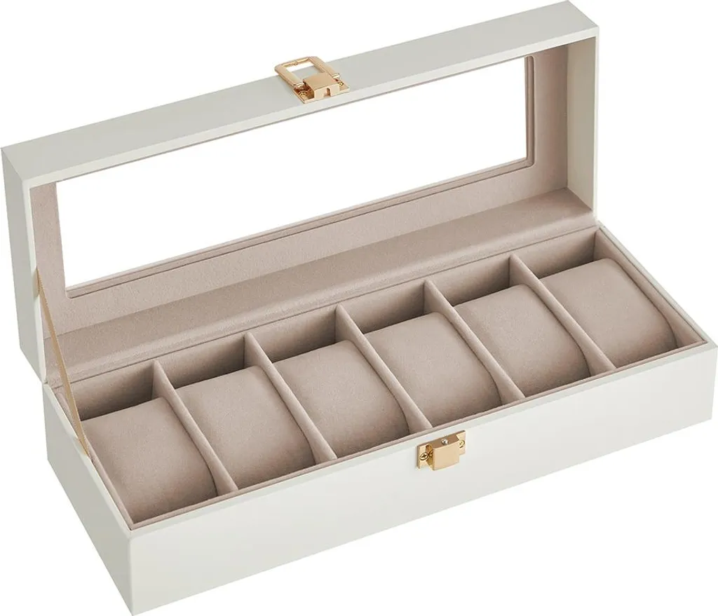 Présentoir montres 6 slots blanc nuage, fermeture en métal haute sécurité