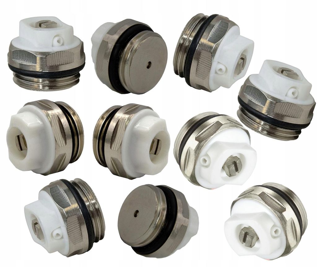A collection of radiator bleed valves arranged on a white background.