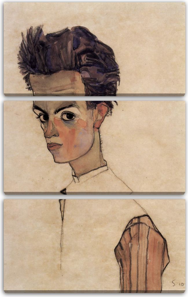 Leinwandbild 3-teilig (80x120cm): Egon Schiele - Selbstportrait, echter Holz-Keilrahmen inkl. Aufhänger, handgefertigt in Deutschland