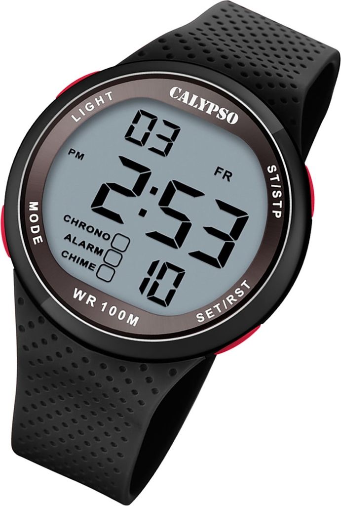 A digital watch with a black band and a gray digital display showing the time.