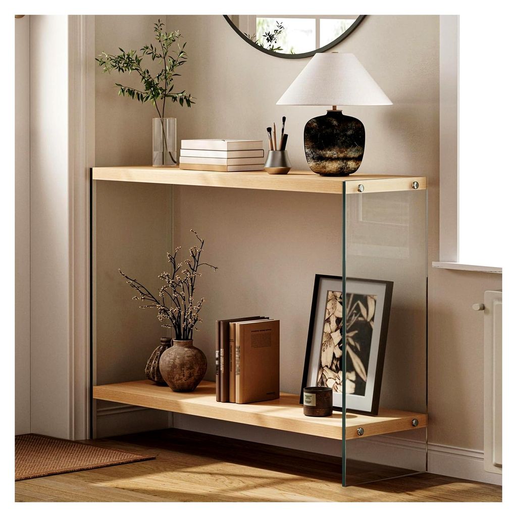 Schmaler Konsolentisch aus Holz: Rechteckiger Eingangstisch 100 x 30 x 76 cm mit 2 Ablagen, Beistelltisch mit gehärteten Glasbeinen, Sofatisch fü...