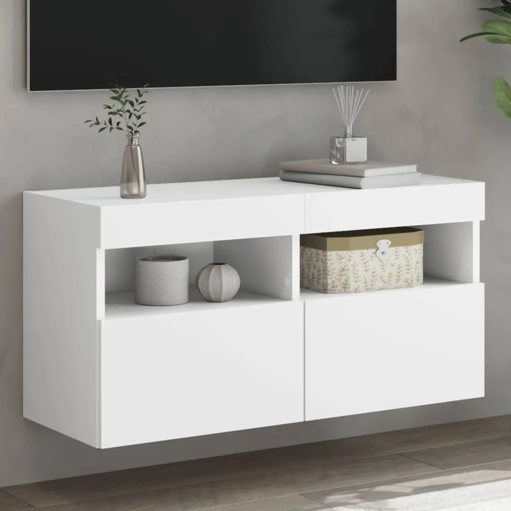 Meuble TV Mural pour Petit Salon Blanc avec LED 80 cm - Gain de Place