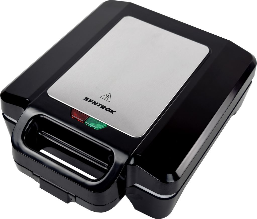 A black and silver sandwich maker shown from a diagonal perspective.