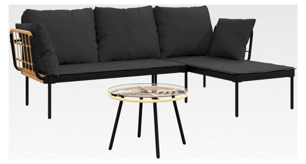 Garten Lounge Set 3-teilig mit Dunkelgrauen Kissen, Sitzgruppe für Terrasse, L-förmige Loungemöbel aus Poly Rattan
