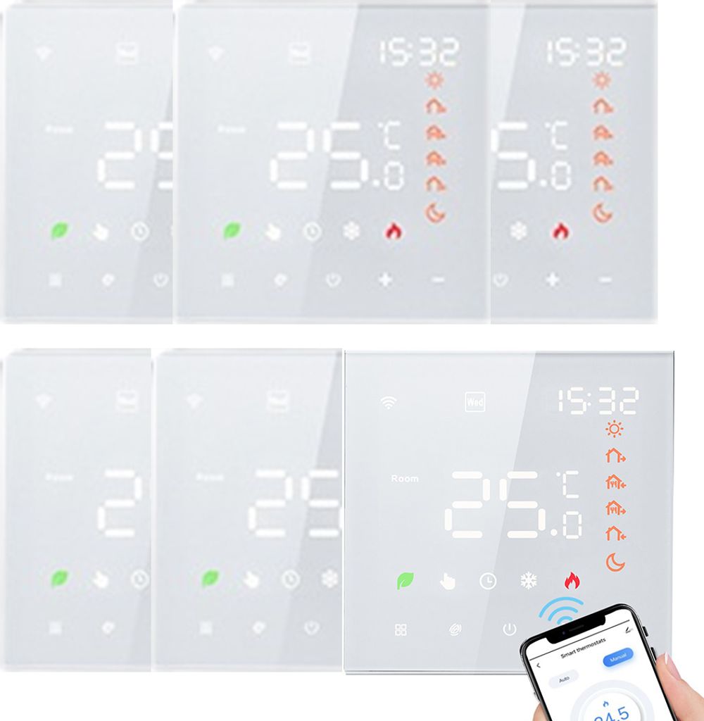 A collage of smart thermostats with digital displays, showing temperature and icons. One thermostat is being controlled by a smartphone.