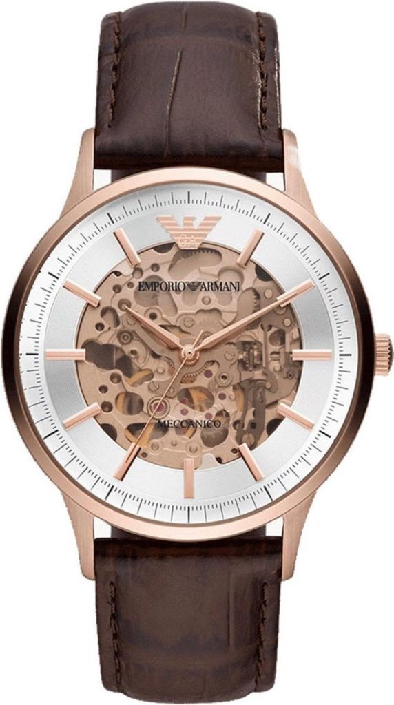 A close-up, front-facing studio shot of an Emporio Armani Meccanico watch with a brown leather strap and a rose gold case.