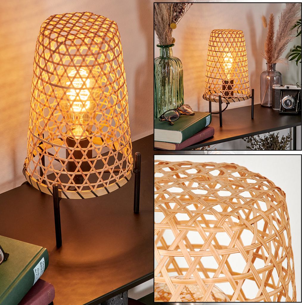 Decollatura moderne Boho Tischlampe aus Metall/Rattan in Schwarz/Natur